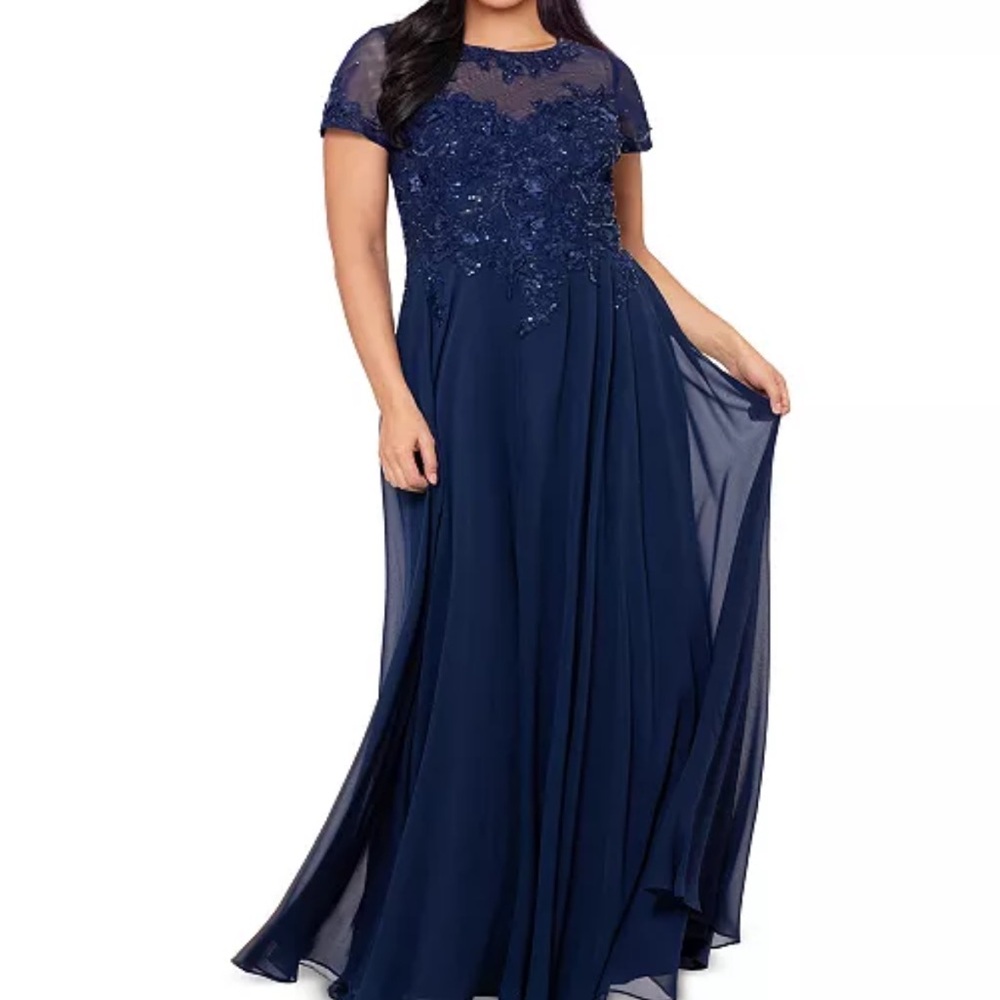 Xscape Navy Beaded Chiffon Gown Mother of the Bride Dress